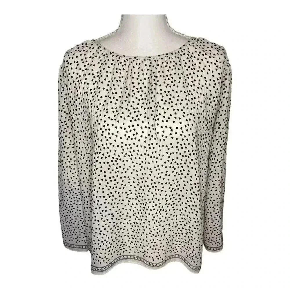 Max Studio Women’s Small White & Black Polka Dot Hearts Long Sleeved Pleated Top